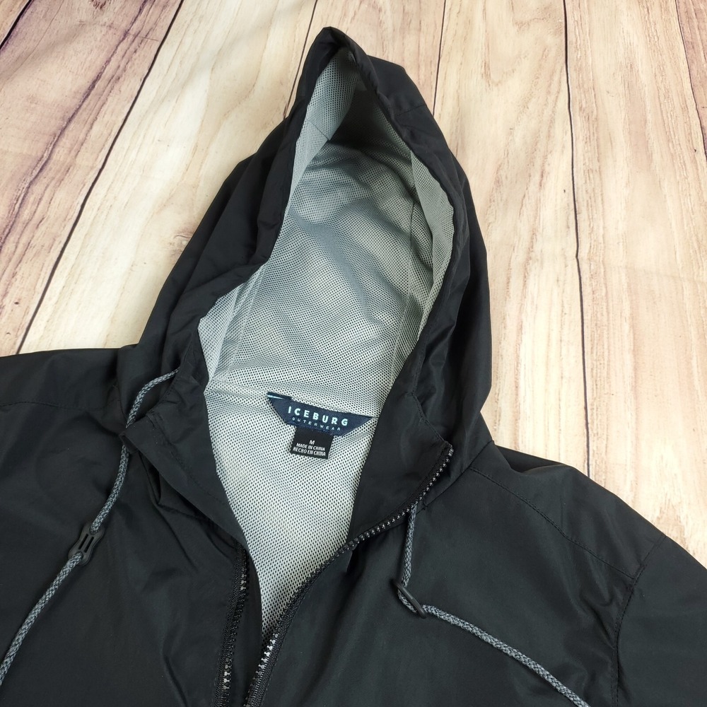 Iceburg Outerwear Mens Medium Black Hooded Windbreaker Jacket Coat Nylon Mesh